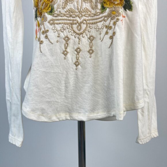 NWOT Johnny Was Embroidered Floral Long Sleeves Tee T-Shirt Size S White - Picture 4 of 12
